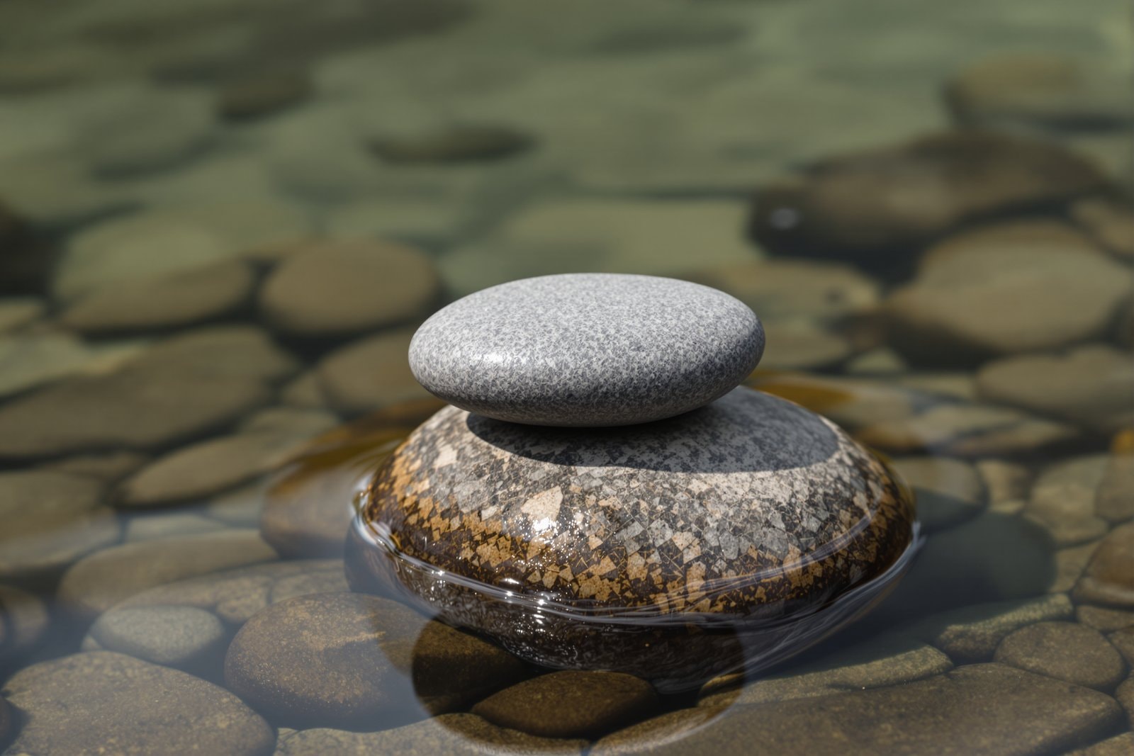 A smooth grey stone balanced on a larger stone in shallow clear water