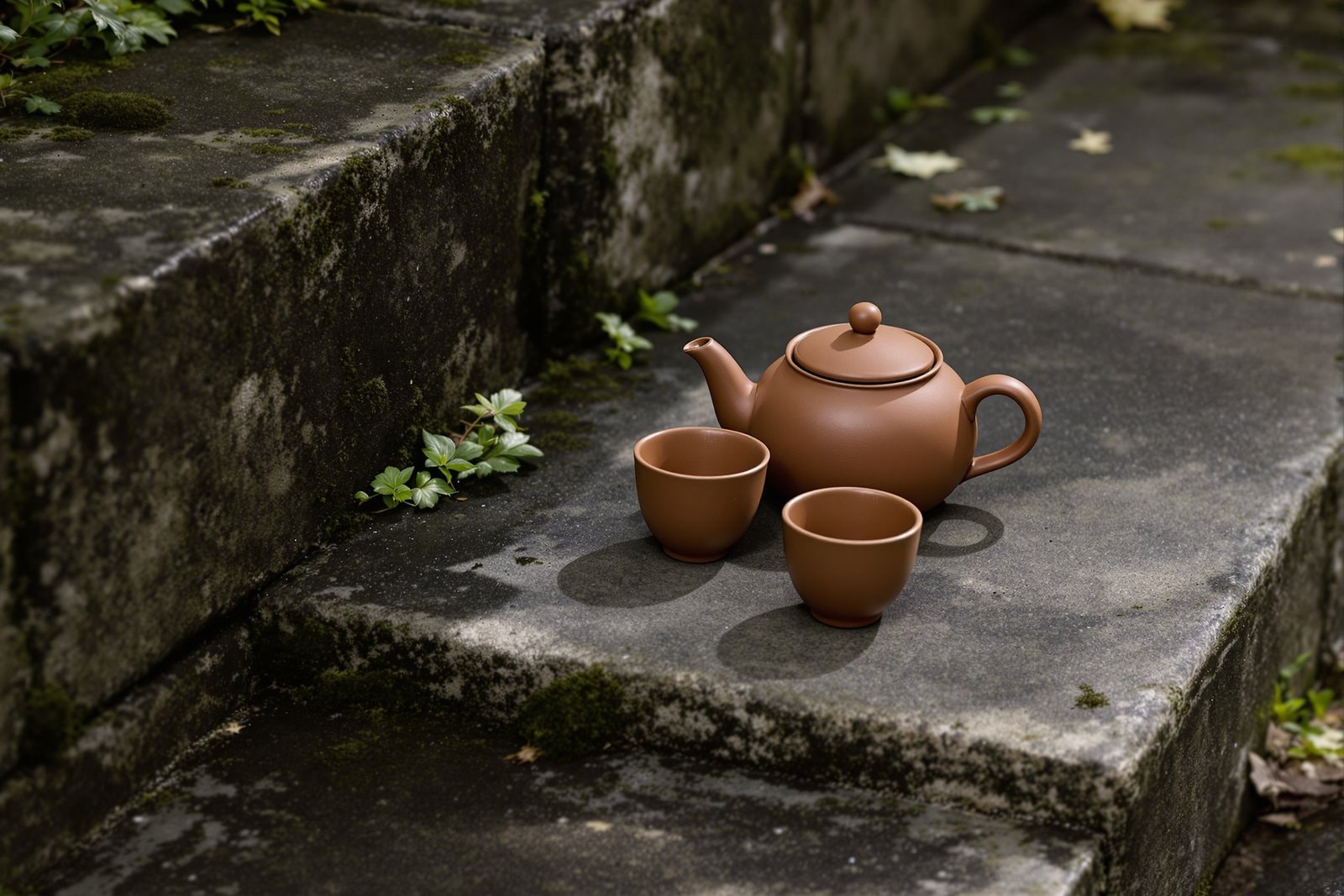 A plain clay teapot and two small cups on a worn stone step edged with moss
