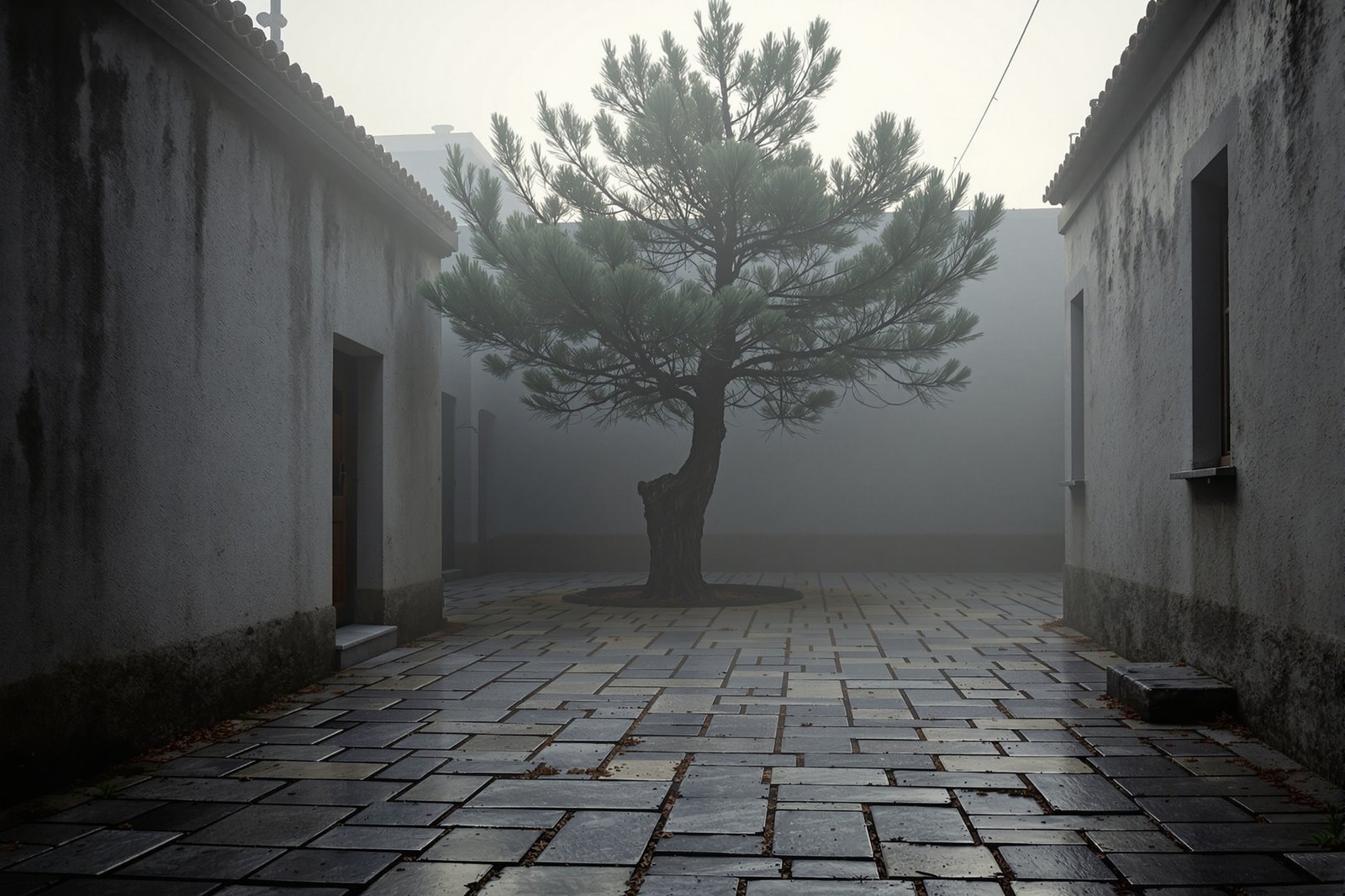 A stone-paved courtyard at dawn with mist and a single old pine tree between low grey walls